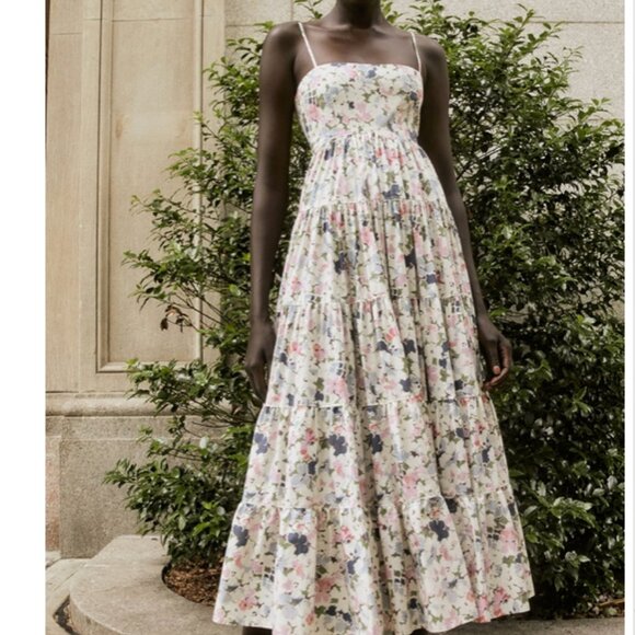 NWT CINQ À SEPT Gavin Floral Print Tiered Cotton Maxi Dress Sz0/2 Papyrus Multi